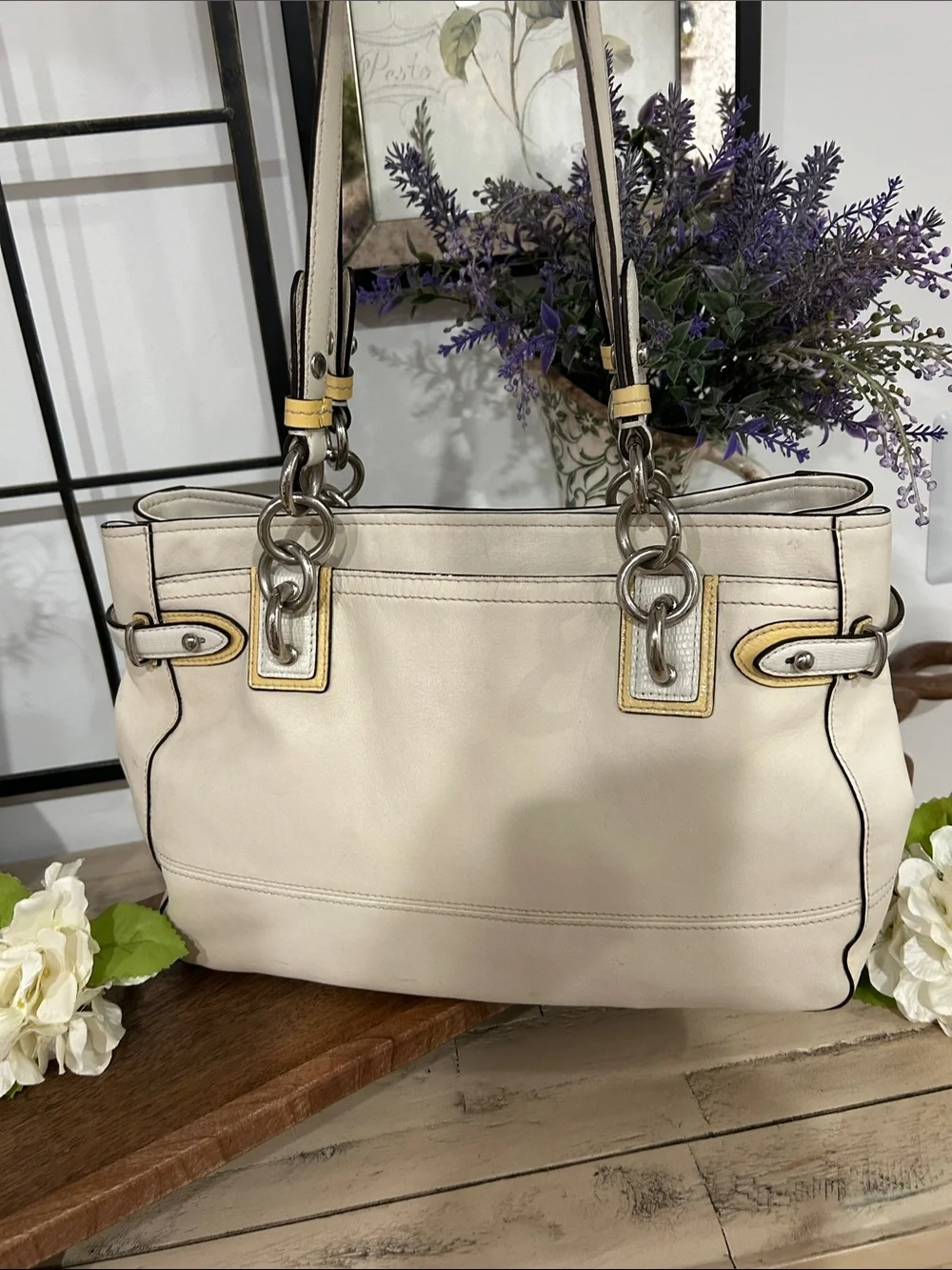 Coach Cream Leather Shoulder Tote with Yellow Accents